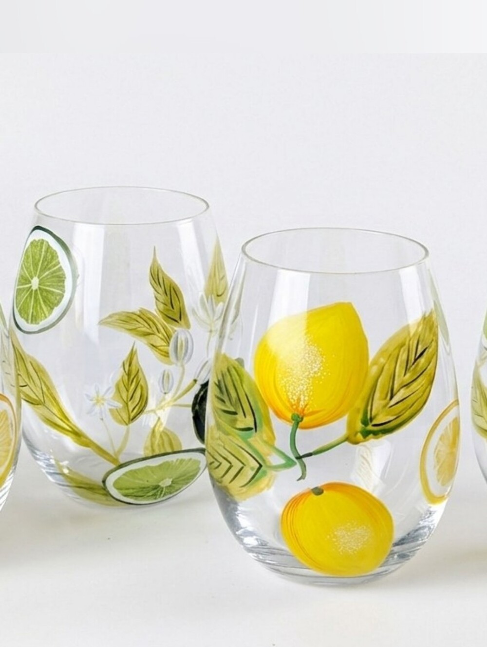Set of 4 Hand-Painted Citrus Stemless Wine Glasses | Lemons & Limes